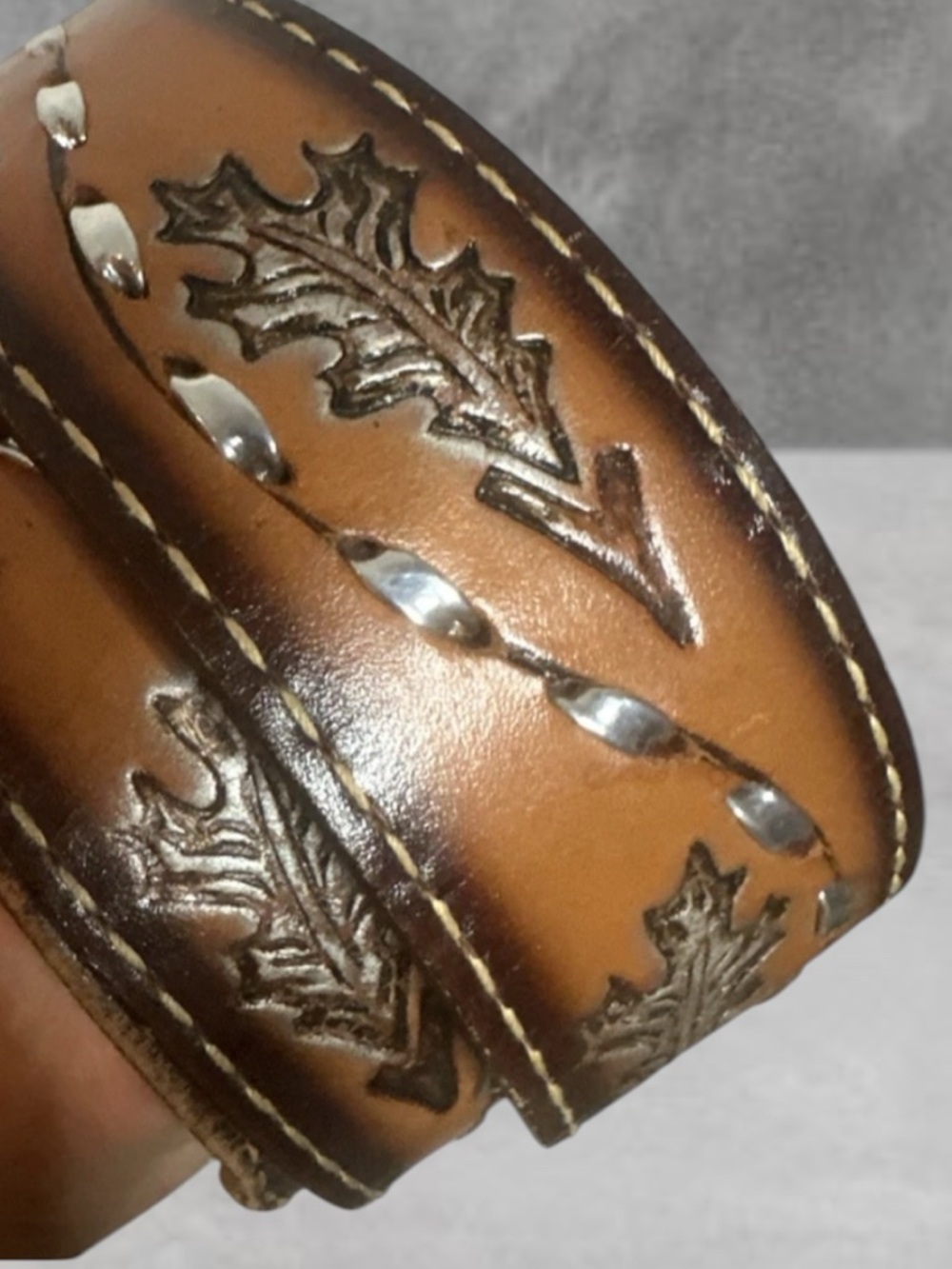 VINTAGE TOOLED LEATHER BELT SNAP STRAP LEAF DESIGN 36